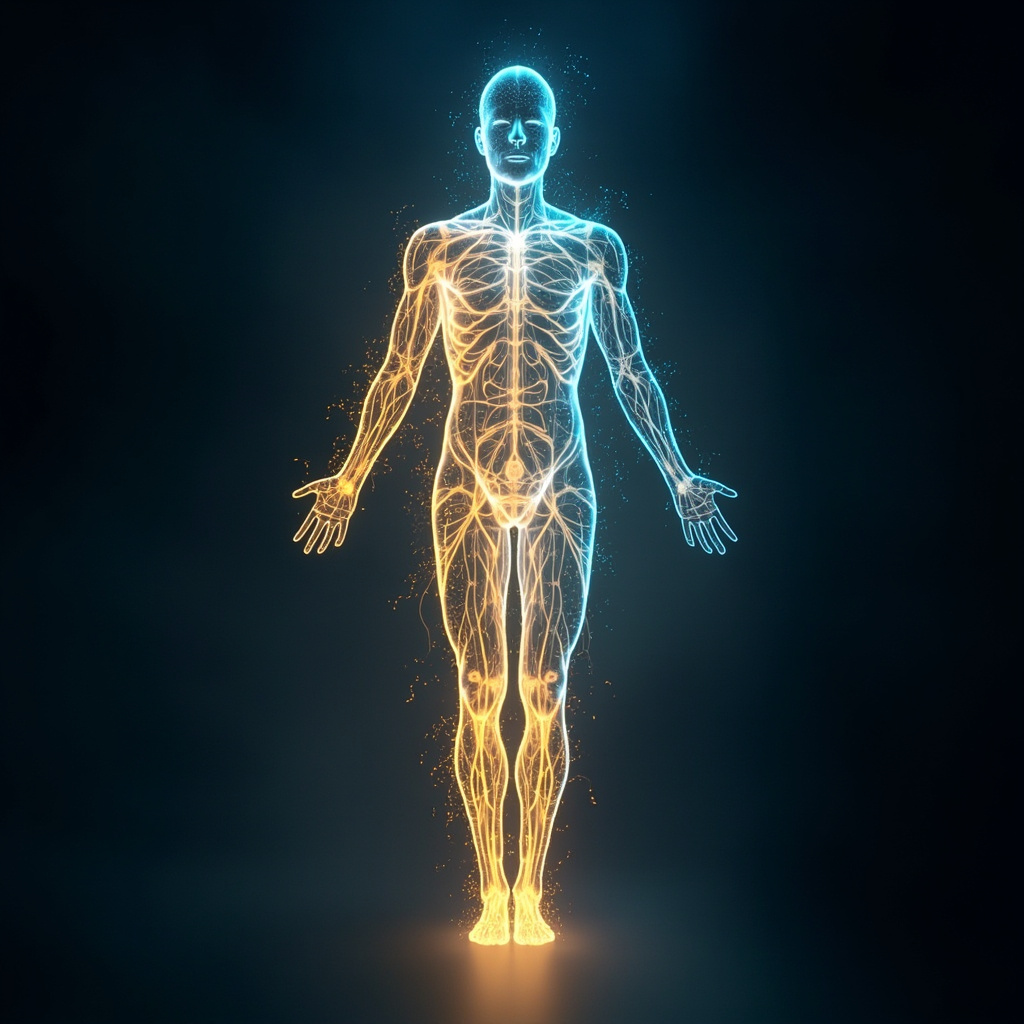A serene, abstract representation of flowing light currents within a human silhouette, symbolizing vital force and nervous system harmony, soft blue and golden tones, professional and calming aesthetic.