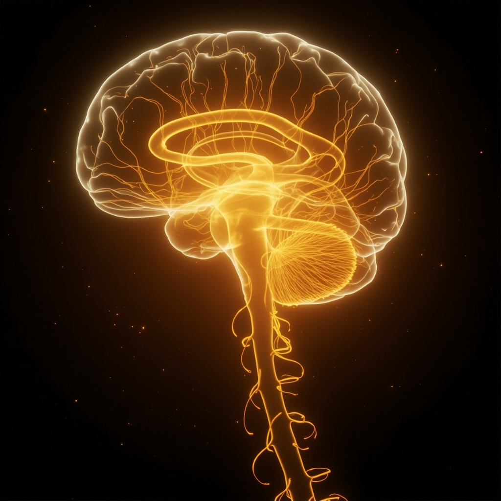 A serene, artistic representation of the human brainstem and cerebellum glowing with soft, golden light, symbolizing stability and inner peace.