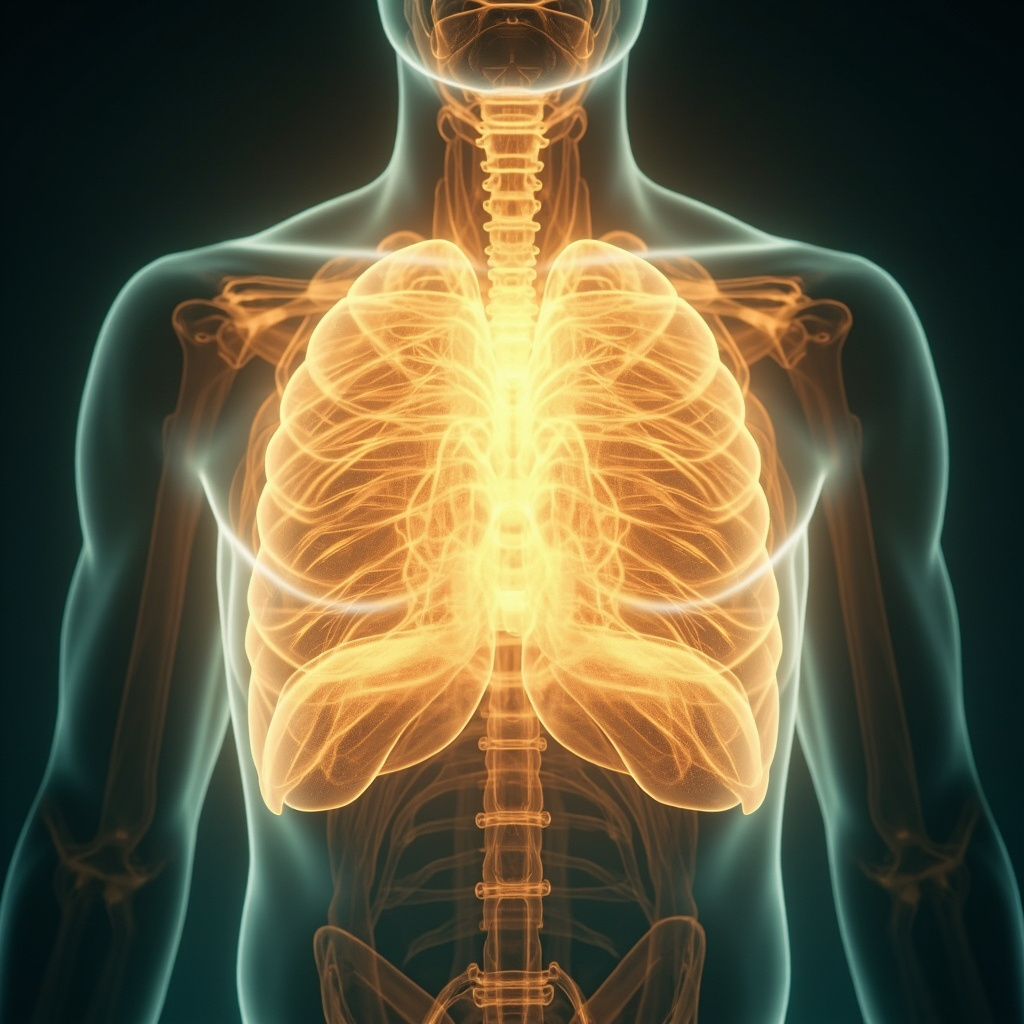 A serene, artistic representation of a glowing, healthy diaphragm muscle with soft light radiating from the center of the torso, symbolizing breath and emotional release.