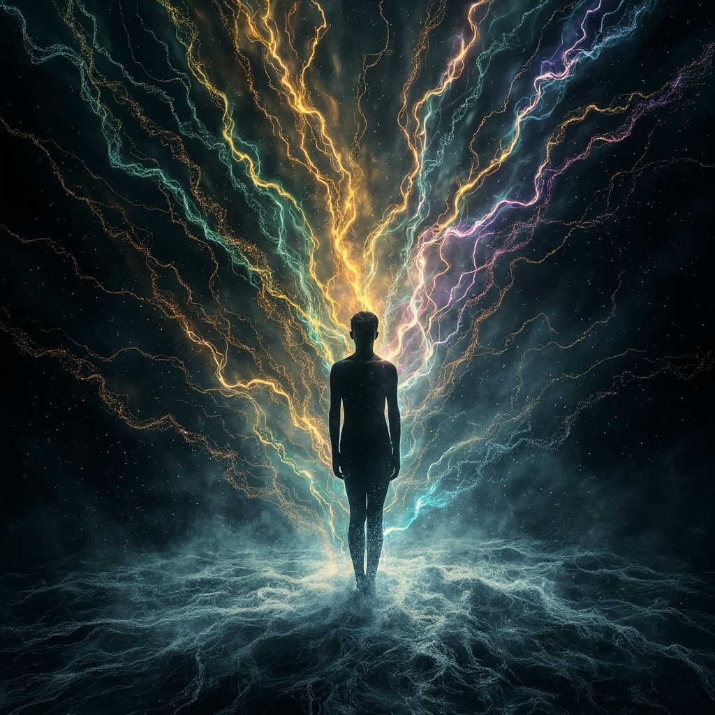 A serene, abstract representation of flowing light and electrical waves connecting to a silhouette of a person, symbolizing harmony and vitality.