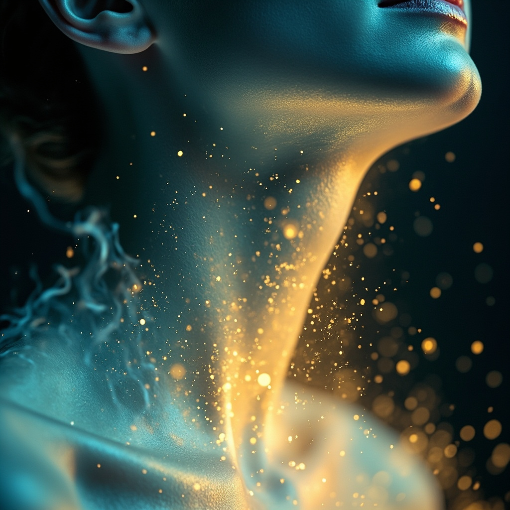A serene, artistic representation of a glowing, light-filled throat area, symbolizing energy flow and emotional release, soft blue and gold tones, cinematic lighting.