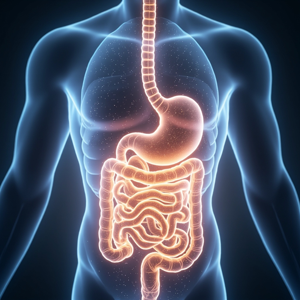 A serene, abstract representation of a calm, glowing digestive system integrated with gentle, flowing light patterns symbolizing harmony and balance.