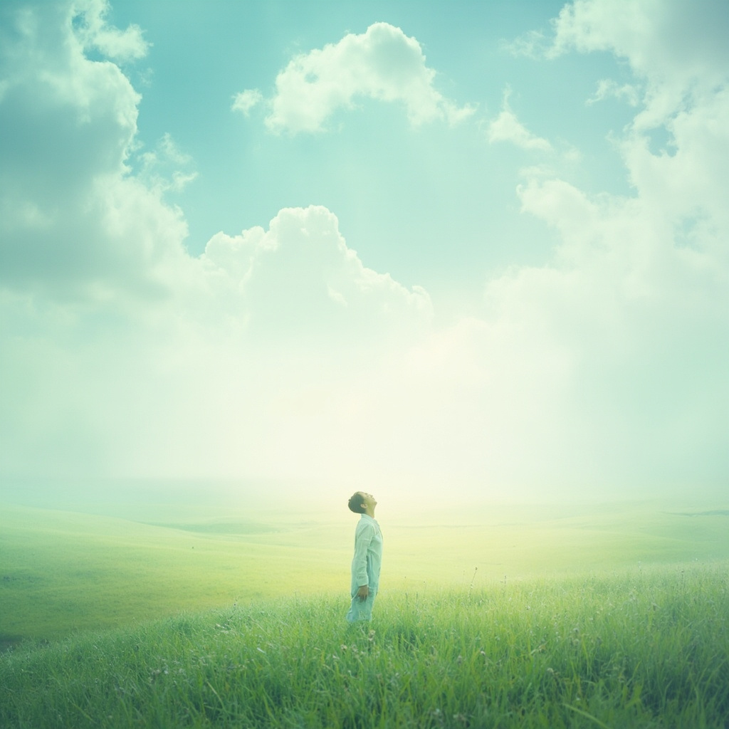 A high-quality, serene image of a person standing in a vast, open landscape with a soft-focus background, representing breath, openness, and emotional freedom, with light and airy colors.