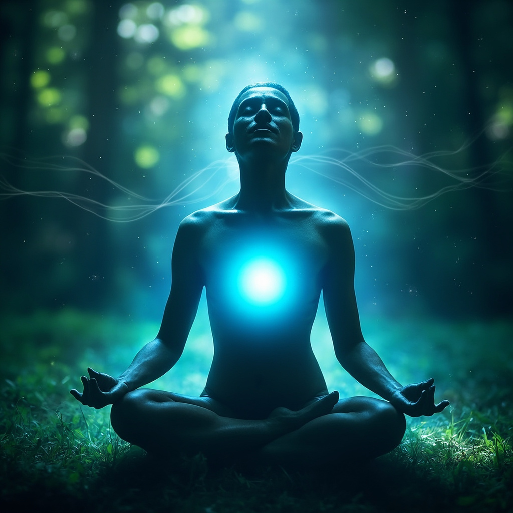 Serene meditating figure in lotus pose, glowing soft blue aura around heart and head symbolizing calmness and HRV balance, peaceful nature background with subtle wave patterns representing body frequencies, high resolution illustration.