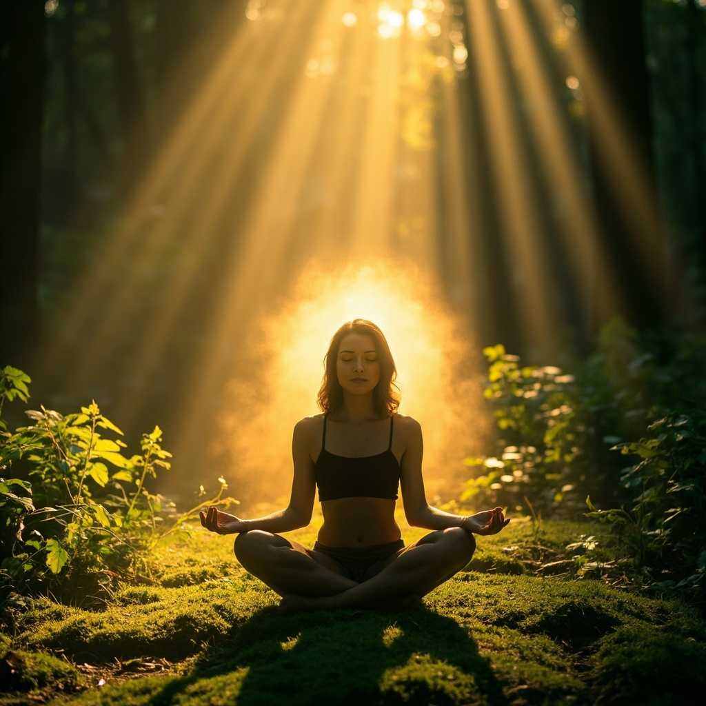 A calm person meditating in a serene natural setting, surrounded by a subtle glowing shield of light representing strong immunity, in soft blue and green tones