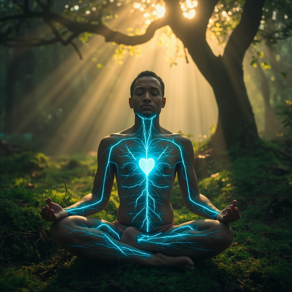 Serene person in meditation pose, with subtle glowing blue lines representing balanced blood vessels and a calm heart, soft lighting, peaceful background in nature.