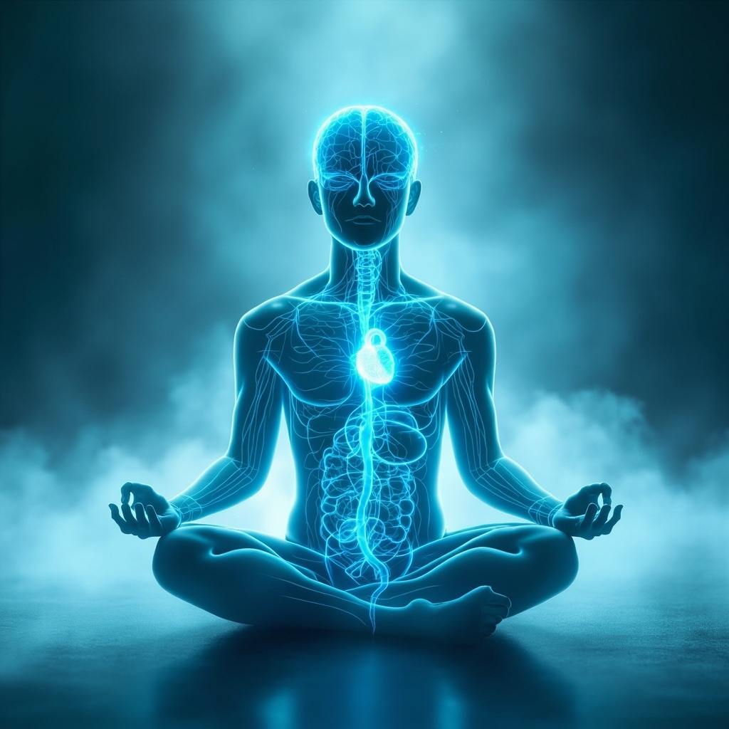 Serene meditative figure in lotus pose, with glowing blue pathways representing nerves from brain to heart and gut, soft ethereal light, calming atmosphere