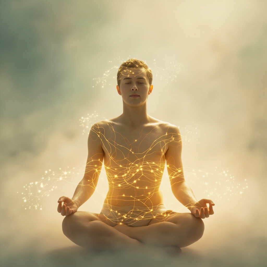 A serene, minimalist image of a person sitting in a meditative pose with soft, glowing lines of light tracing the energy meridians on their body, representing harmony and inner calm.