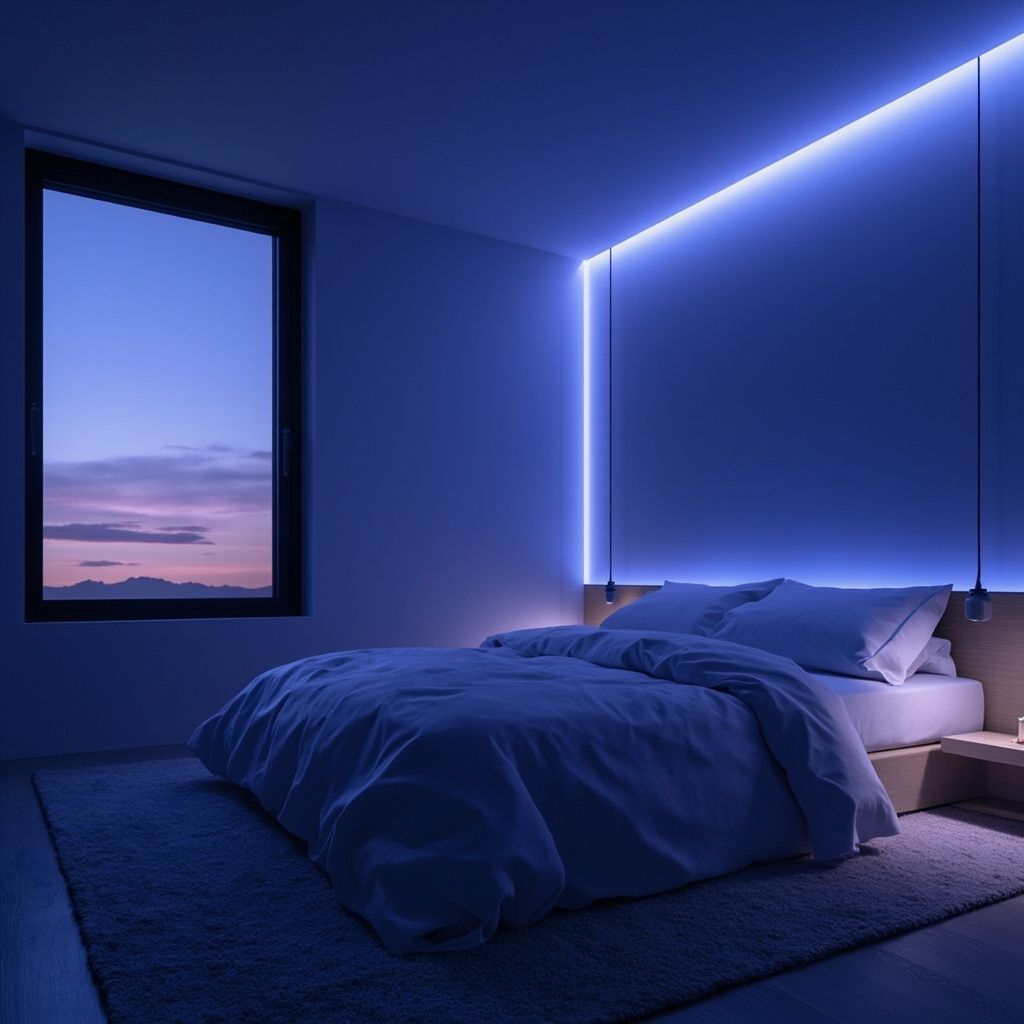 A serene, minimalist bedroom scene at twilight with soft, ambient blue and violet lighting, representing deep relaxation and inner calm.
