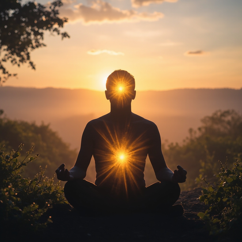 A glowing inner light representing motivation and drive, with a person in meditation pose surrounded by soft energy waves, serene background of nature at dawn.