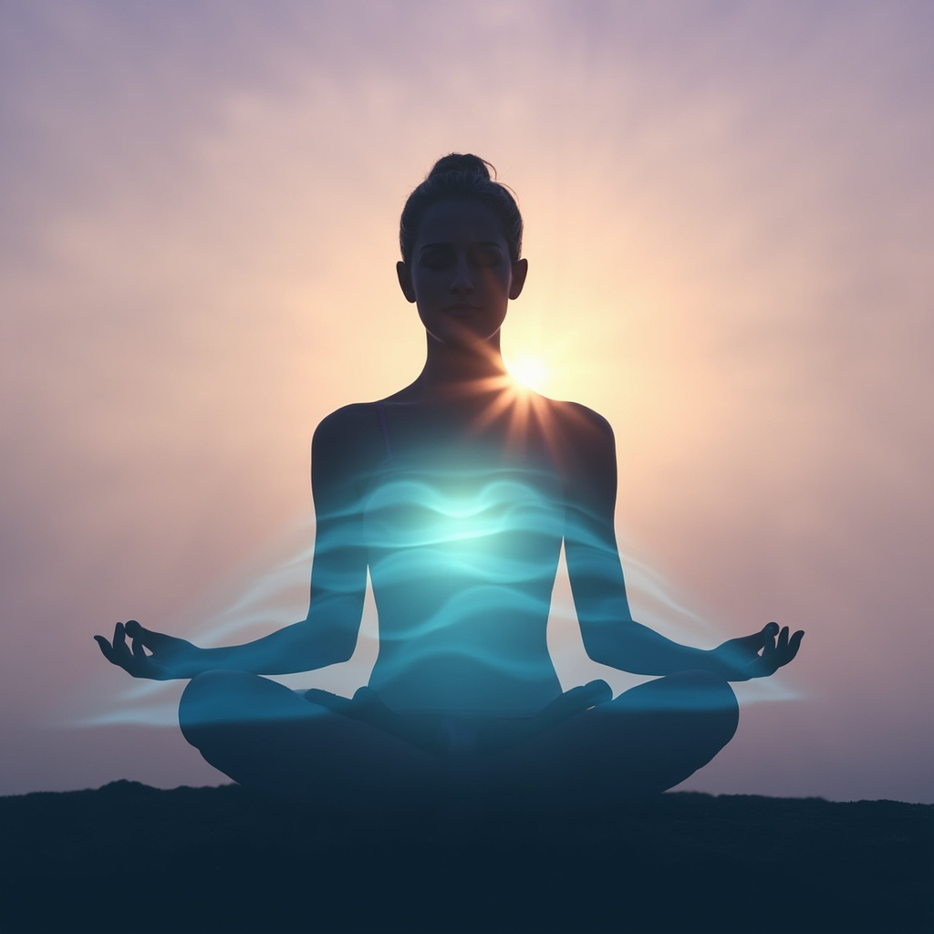 Serene meditator in lotus pose at sunset, with subtle glowing waves around the heart representing balanced energy and relaxation, soft pastel blues and greens, calming atmosphere.