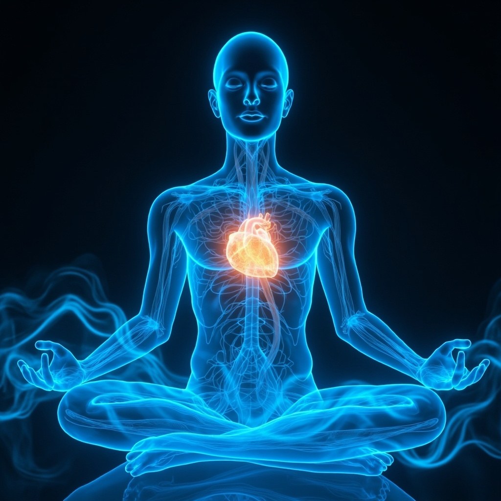 Serene person meditating with soft glowing lines representing blood vessels and heart calming under blue energy waves, symbolizing sympathetic nervous system balance.