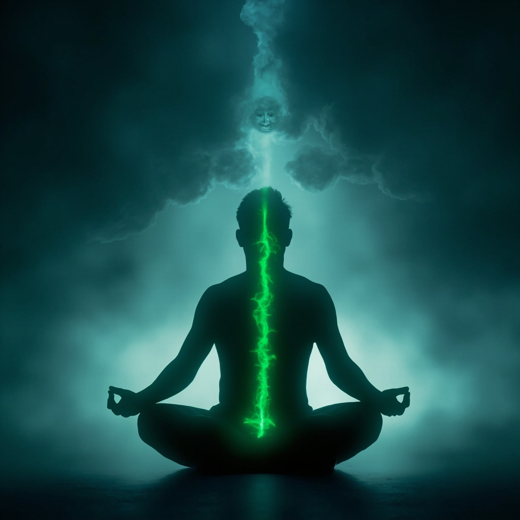 Serene silhouette of a person in lotus pose with glowing green Liver meridian line from big toe up the leg through torso to head, soft energy waves flowing smoothly, calming blue-green tones, icons of calm face and releasing anger clouds dissolving.
