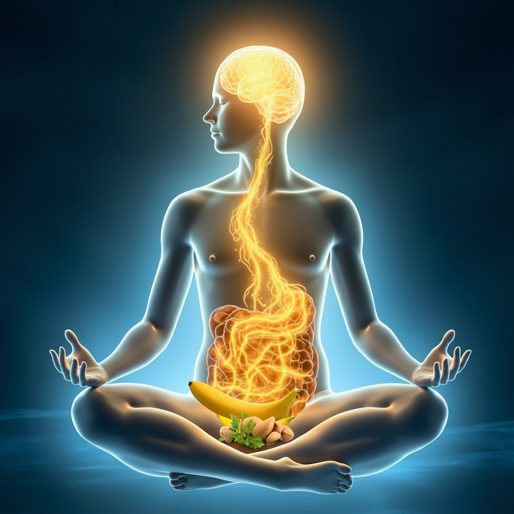 Serene human silhouette meditating, brain glowing with golden serotonin waves flowing from gut and foods like eggs, nuts, bananas; soft blue background evoking emotional balance and restful sleep