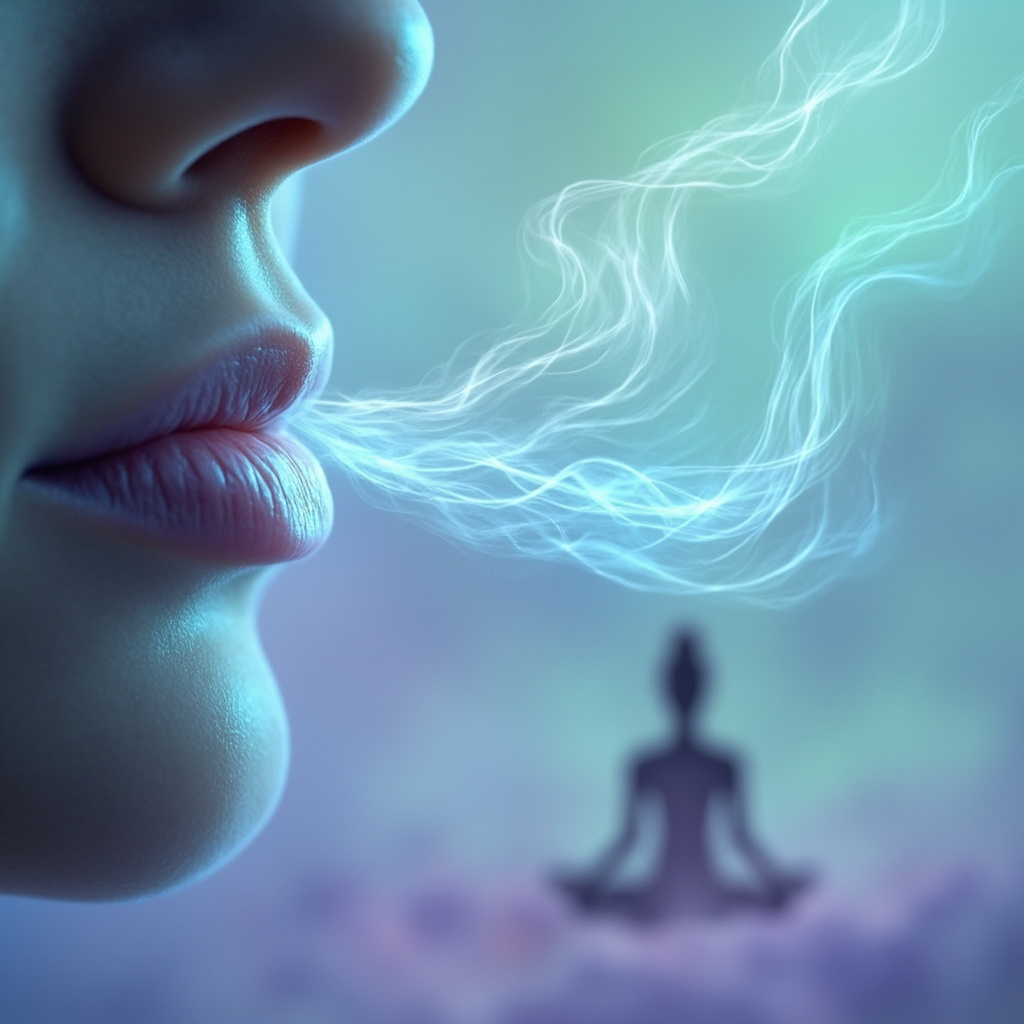 Serene close-up of a human nose with gentle glowing blue energy waves flowing from nostrils, surrounded by soft breath currents and a meditative figure in background, calming pastel tones