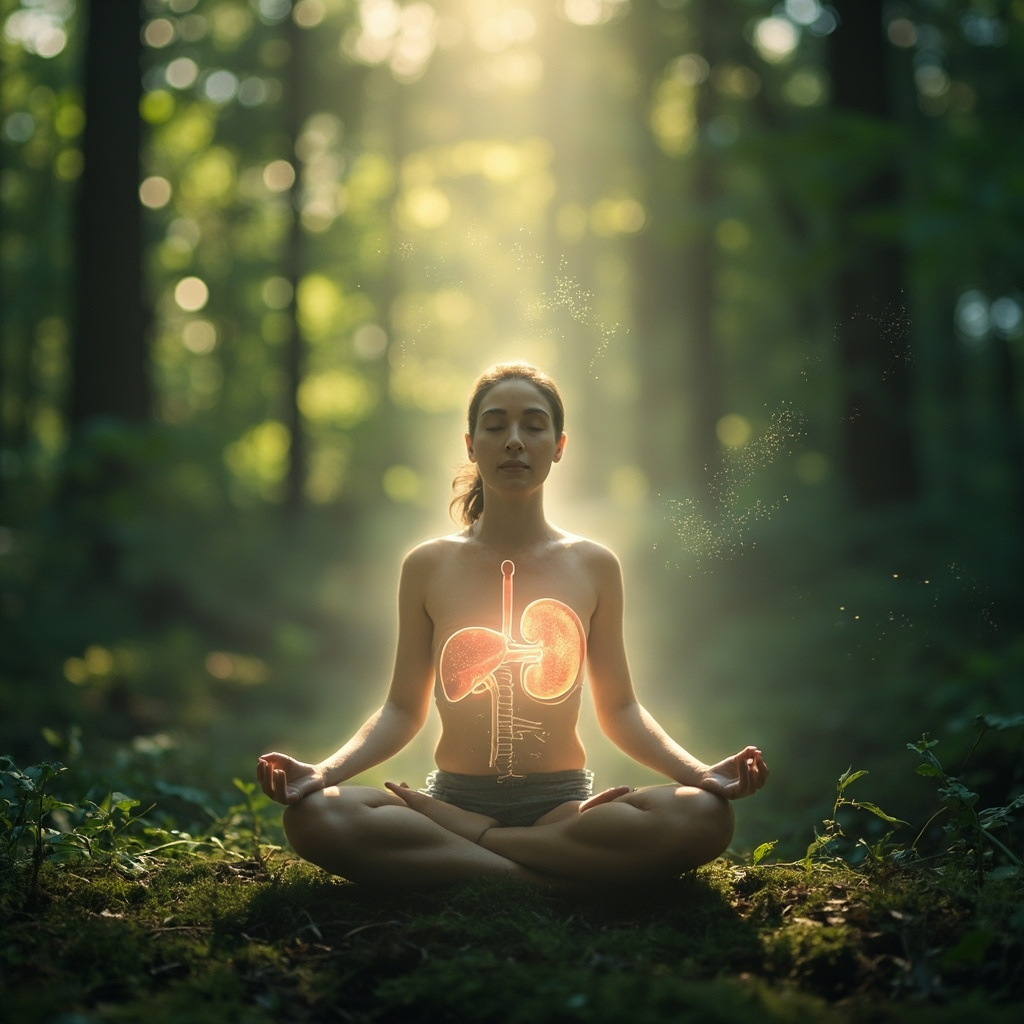 Serene meditator in lotus pose amid soft glowing light, ethereal liver and kidney shapes radiating calm energy, faint dissolving mold spores in background, peaceful forest setting symbolizing emotional detox from toxins