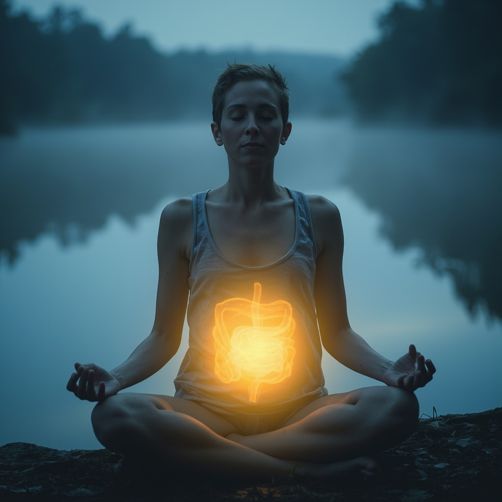 Serene person meditating cross-legged, soft golden light emanating from the abdominal area symbolizing gut healing, calm blue tones, peaceful nature background