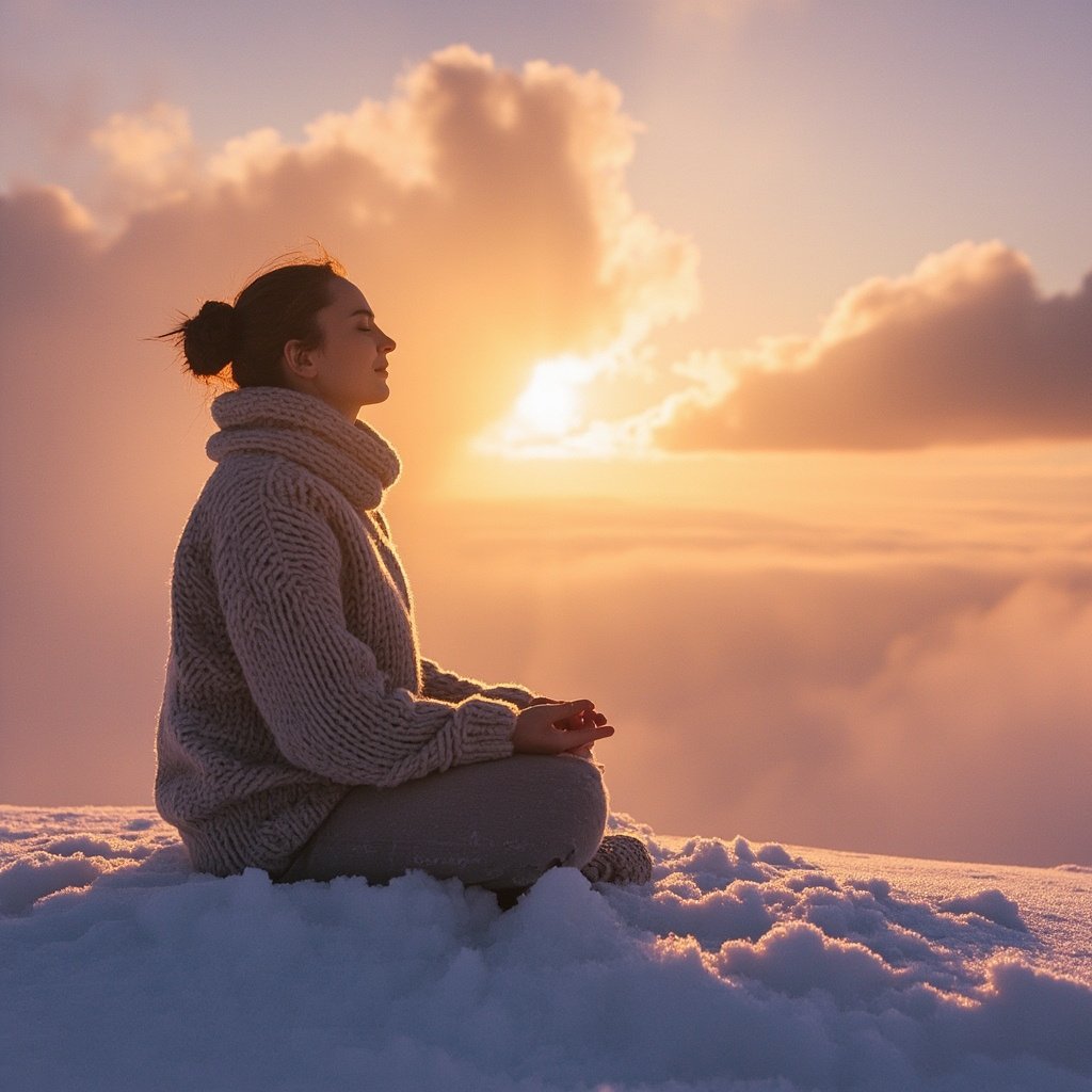 Serene winter scene: a person in cozy clothes meditating on a snowy hill at dawn, golden light breaking through clouds, symbolizing hope and mood uplift