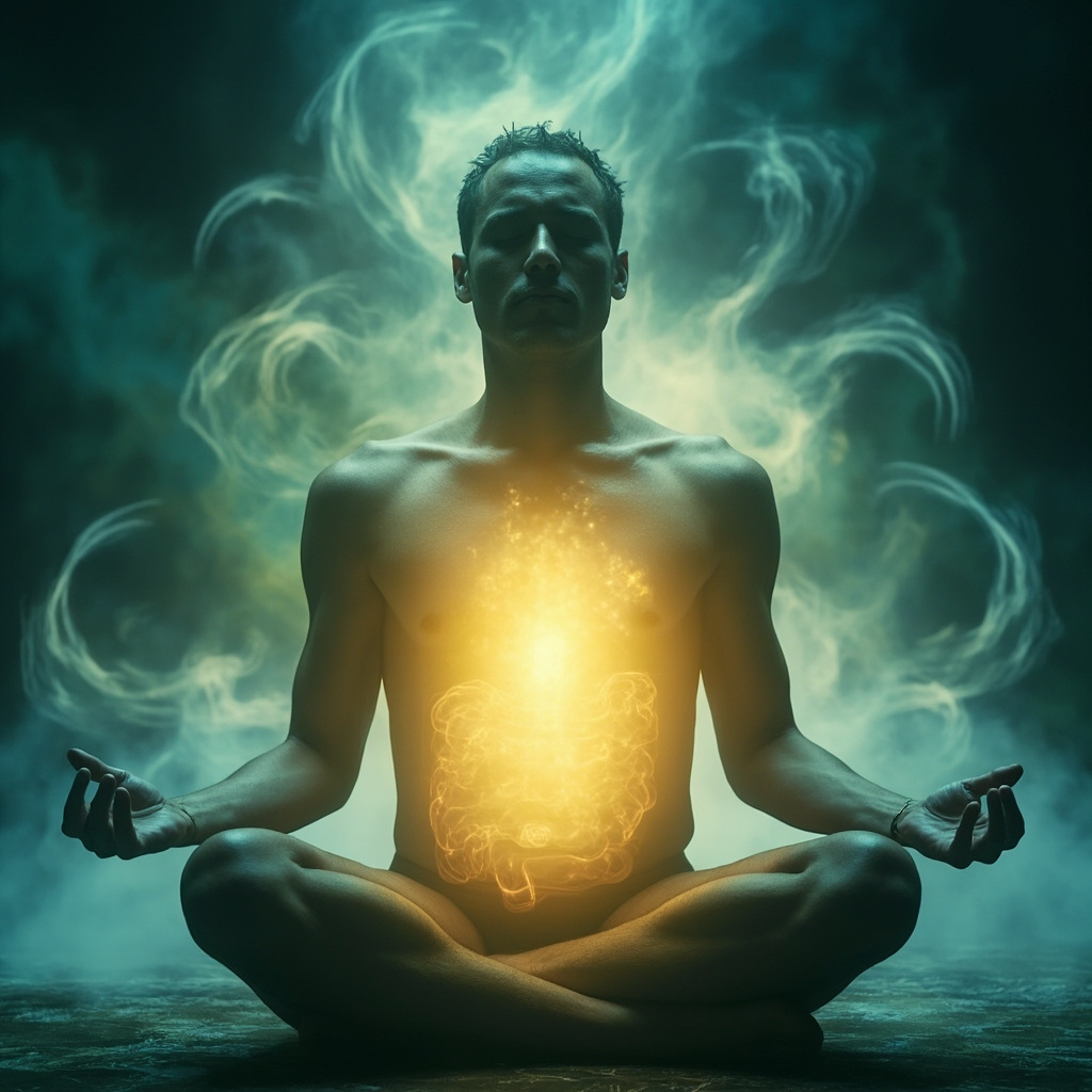 Serene person meditating cross-legged, soft golden light glowing from the abdomen symbolizing gut healing and emotional balance, calming blues and greens, abstract harmonious energy waves.