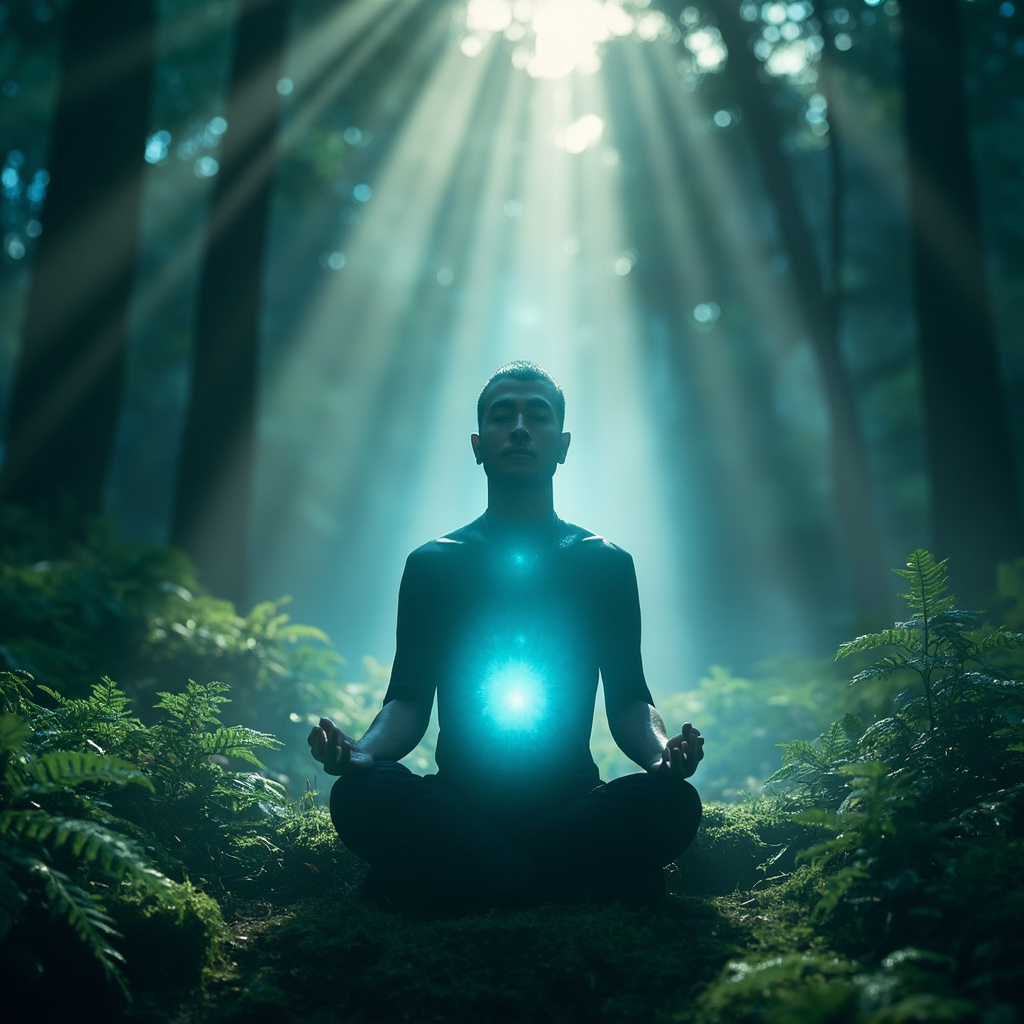 Serene person meditating in a tranquil forest at dawn, soft glowing aura around them symbolizing inner calm and balanced energy, in calming blue and green tones.