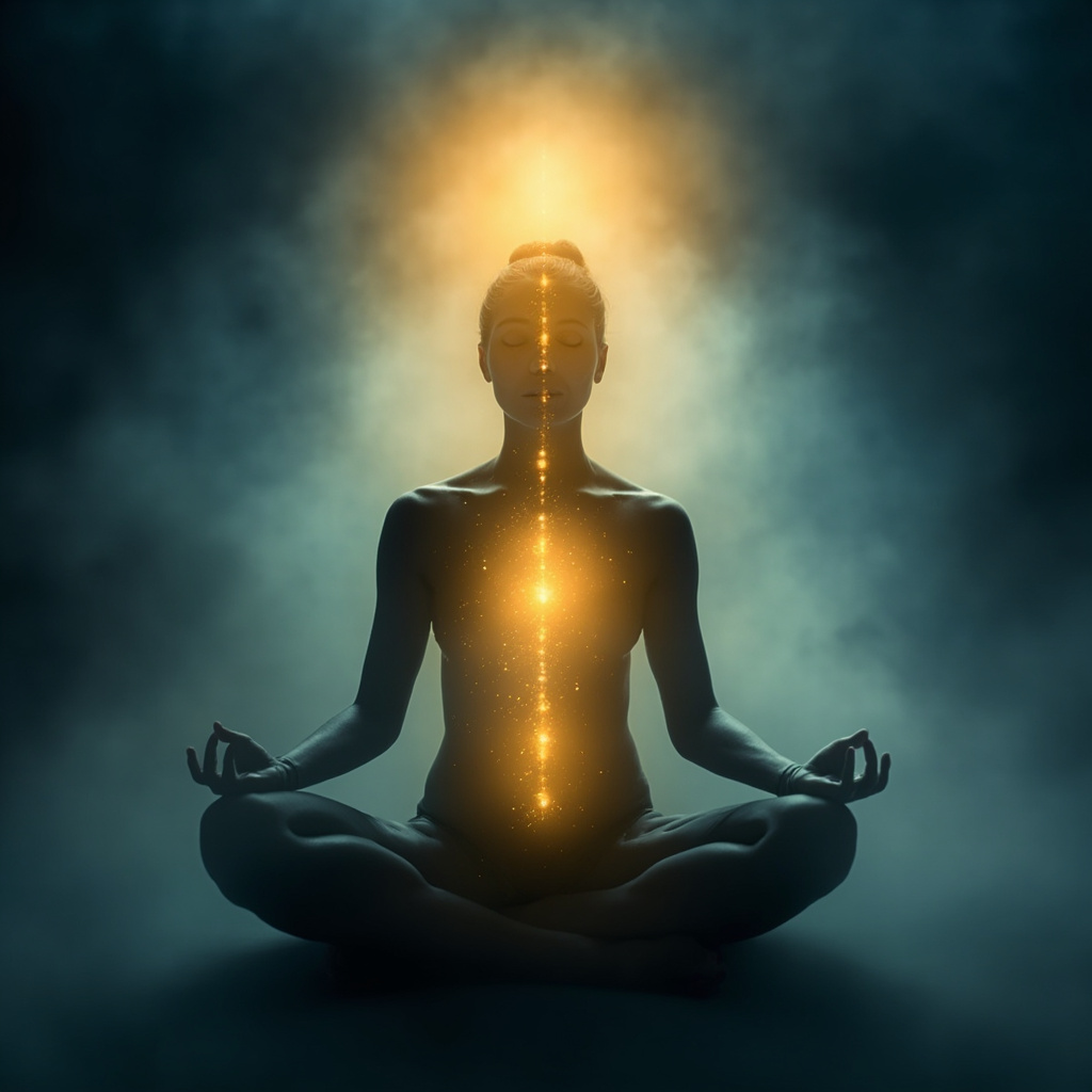Serene woman in meditation pose, with soft glowing golden light around the adrenal glands and brain, symbolizing hormonal balance and emotional calm, ethereal blue background.