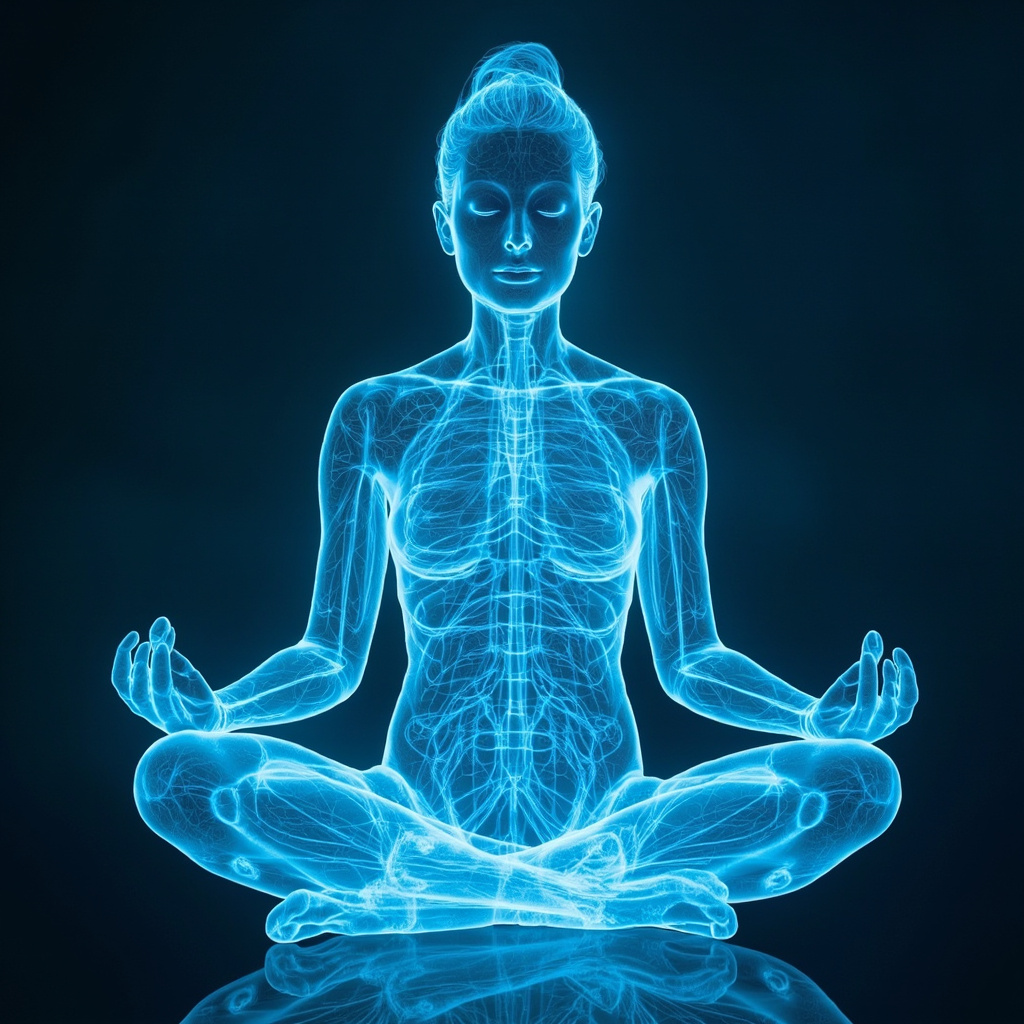 Serene meditative figure with glowing blue neural pathways of motor neurons connecting brain to muscles, symbolizing freedom and balance, soft lighting, calming tones.