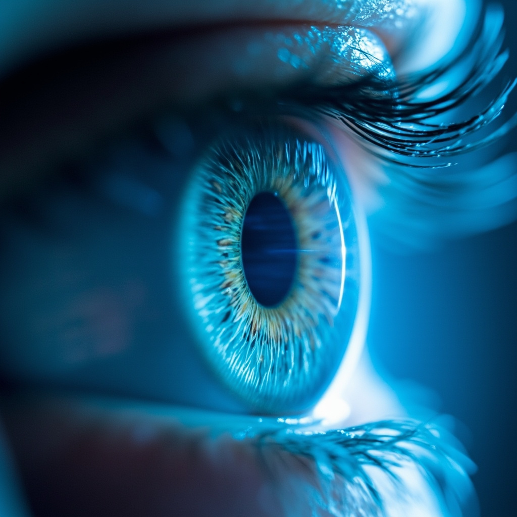 A serene close-up of a human eye with a perfectly clear lens focusing precise light rays onto the retina, enveloped in a soft blue meditative aura symbolizing inner calm and sharp perception.