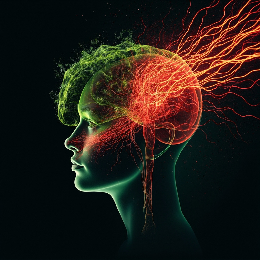 Illustration of glowing green mold spores releasing toxins into a human liver, with neural pathways lighting up in red showing anxiety waves reaching the brain, subtle fear expressions on a serene face transitioning to calm.