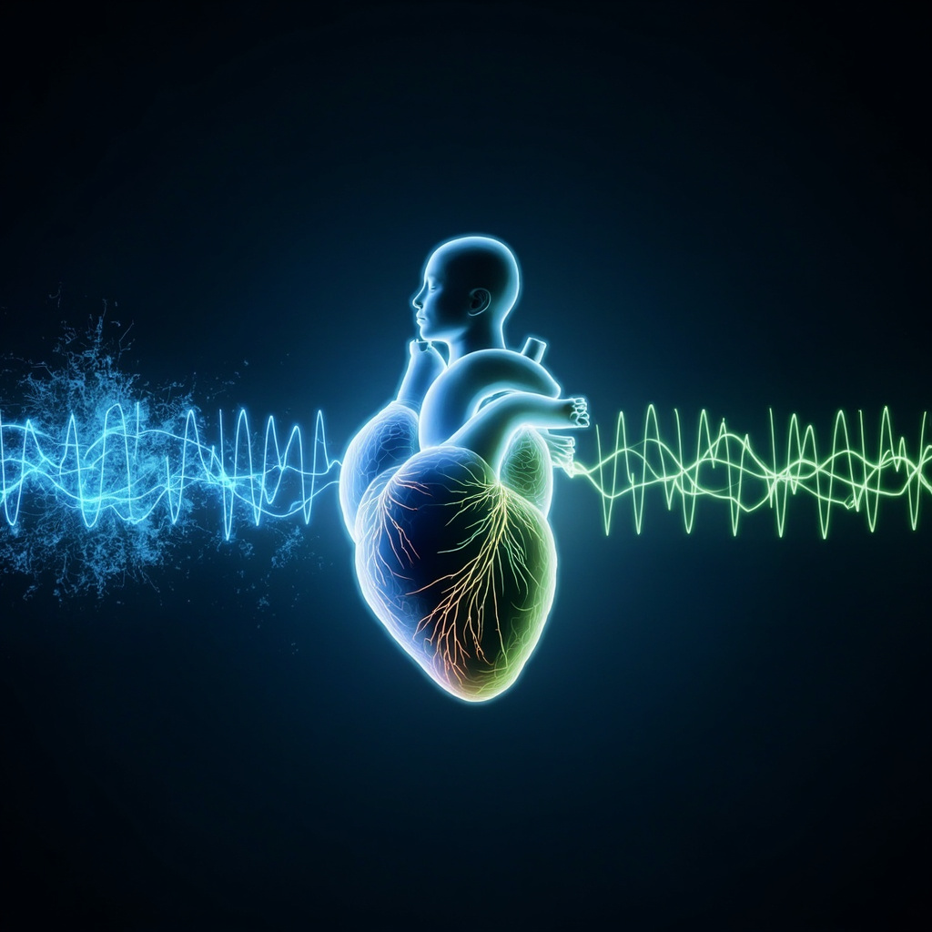Illustration of a human heart with glowing blue VLF slow waves overpowering green HF fast waves in a stressed state, transitioning to balanced harmony with a meditating figure, soft ethereal light, professional medical infographic style.