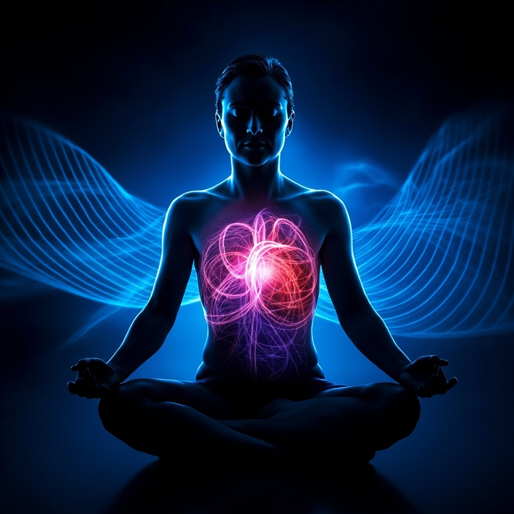Illustration of a person in meditation pose with smooth sine-wave heart rhythm patterns emanating from the heart, transitioning from chaotic swirls to serene blue waves symbolizing emotional stability