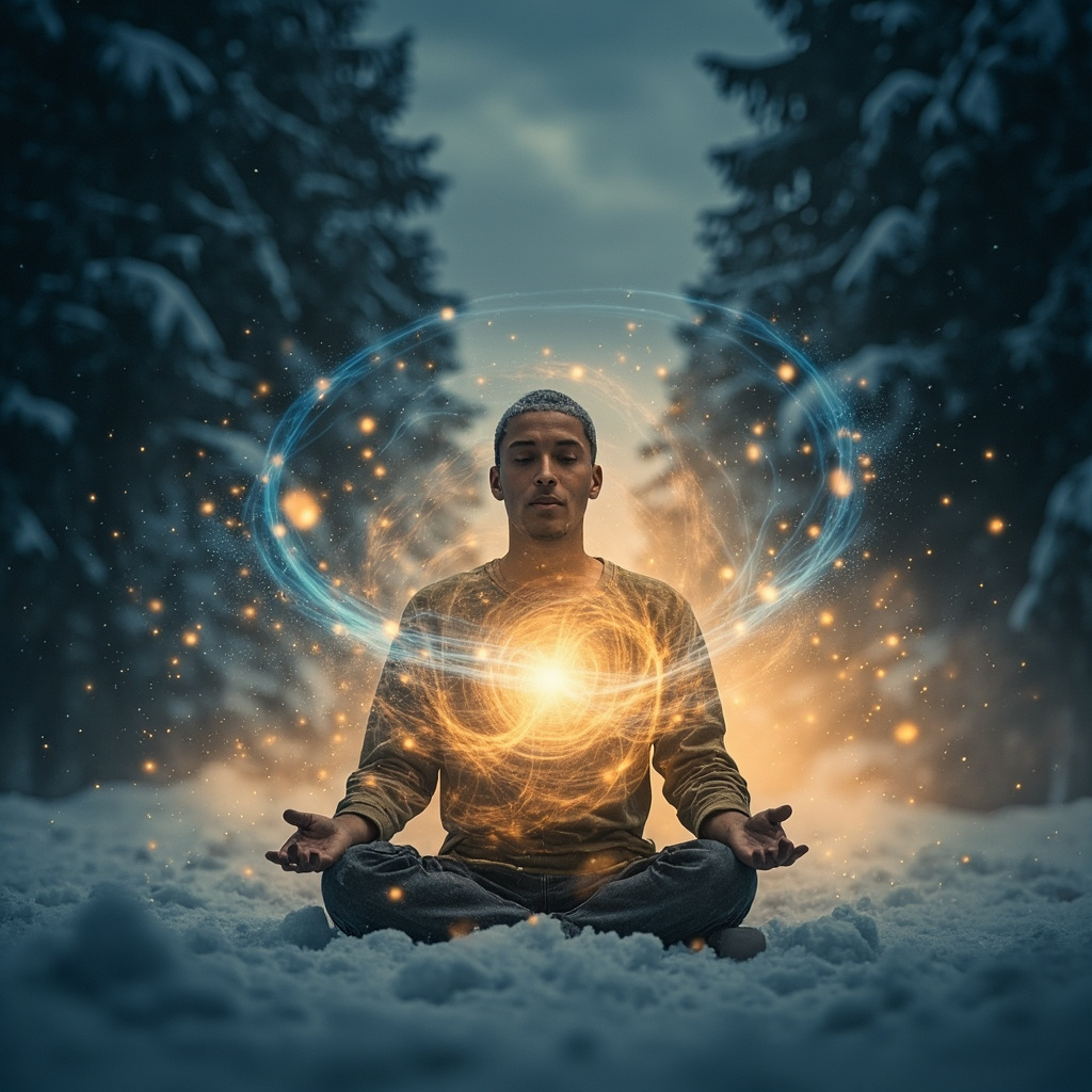 Serene person meditating in snowy forest, glowing soft frequency waves around head and heart, transitioning from dark mood to bright uplift, calming blues and warm golds.
