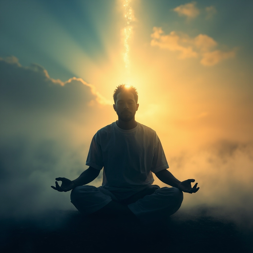 A peaceful scene of a person sitting in meditation pose at dawn, transitioning from shadowed fatigue to glowing energy, with subtle wave patterns representing renewal and soft natural light.