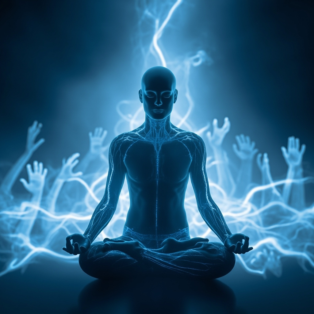 Serene digital art of human silhouette with glowing peripheral nerves in arms and legs, transitioning from dark numb zones to vibrant connected energy waves, meditation pose in soft blue light, community hands linking in background.