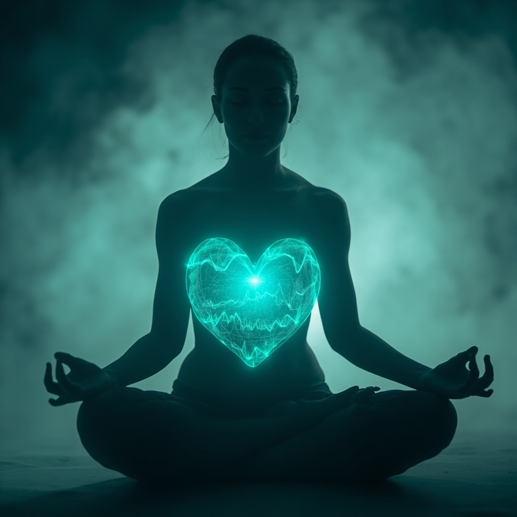 Serene meditator in lotus pose with a translucent heart overlay displaying balanced HRV waveforms in soft blue and green hues, evoking calm and stress reduction.