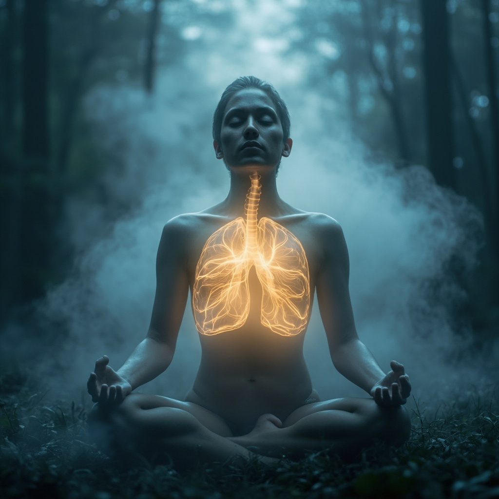 A serene meditative figure in soft light, with translucent glowing lung tissue in the chest area symbolizing healthy breath flow, surrounded by gentle energy waves and nature elements like trees and mist, evoking emotional release and calm.