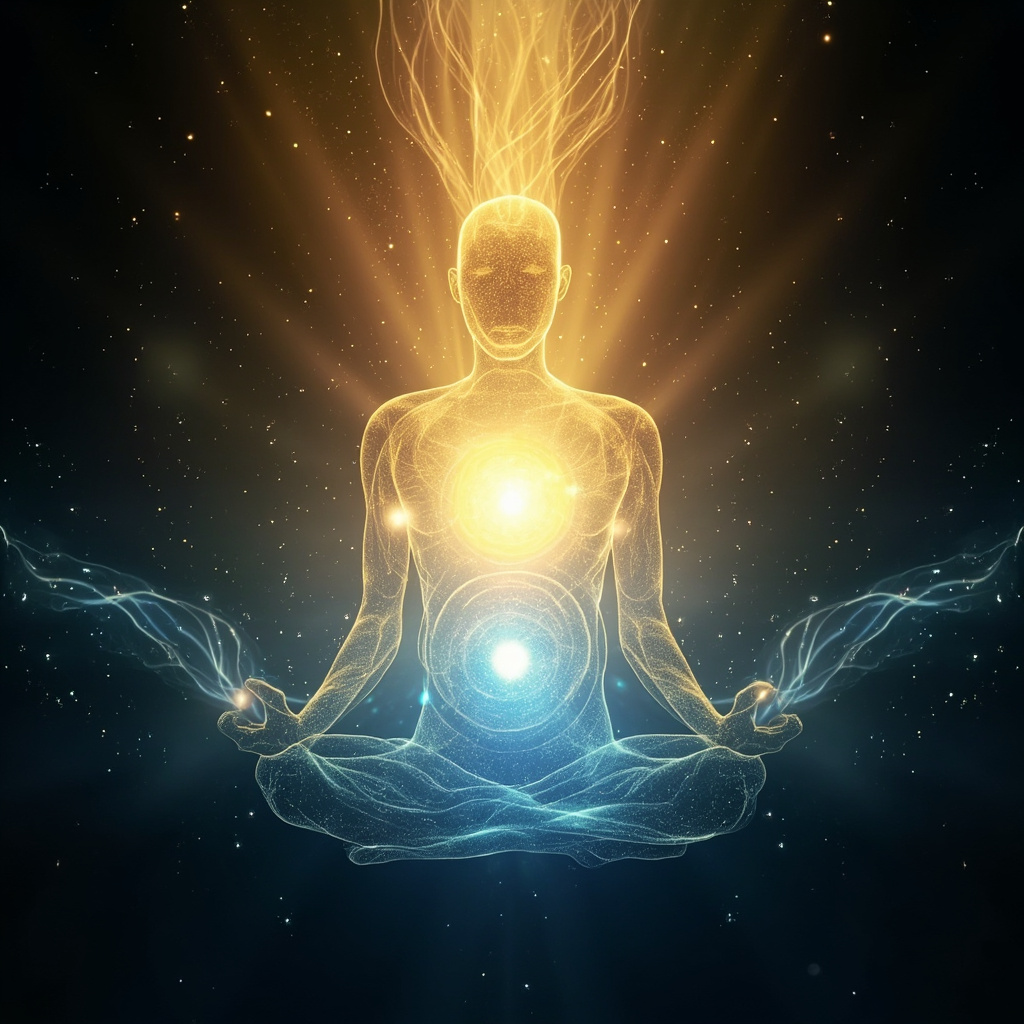 A serene, abstract visualization of a glowing, balanced energy center within the human body, with soft golden and blue light frequencies radiating outward.