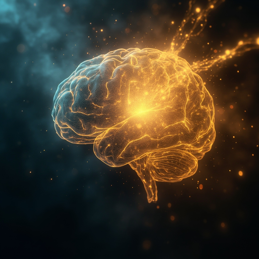 A serene, abstract visualization of glowing neural pathways in the human brain, transitioning from a dimmed, foggy blue to a vibrant, warm golden light, symbolizing the restoration of balance and clarity.