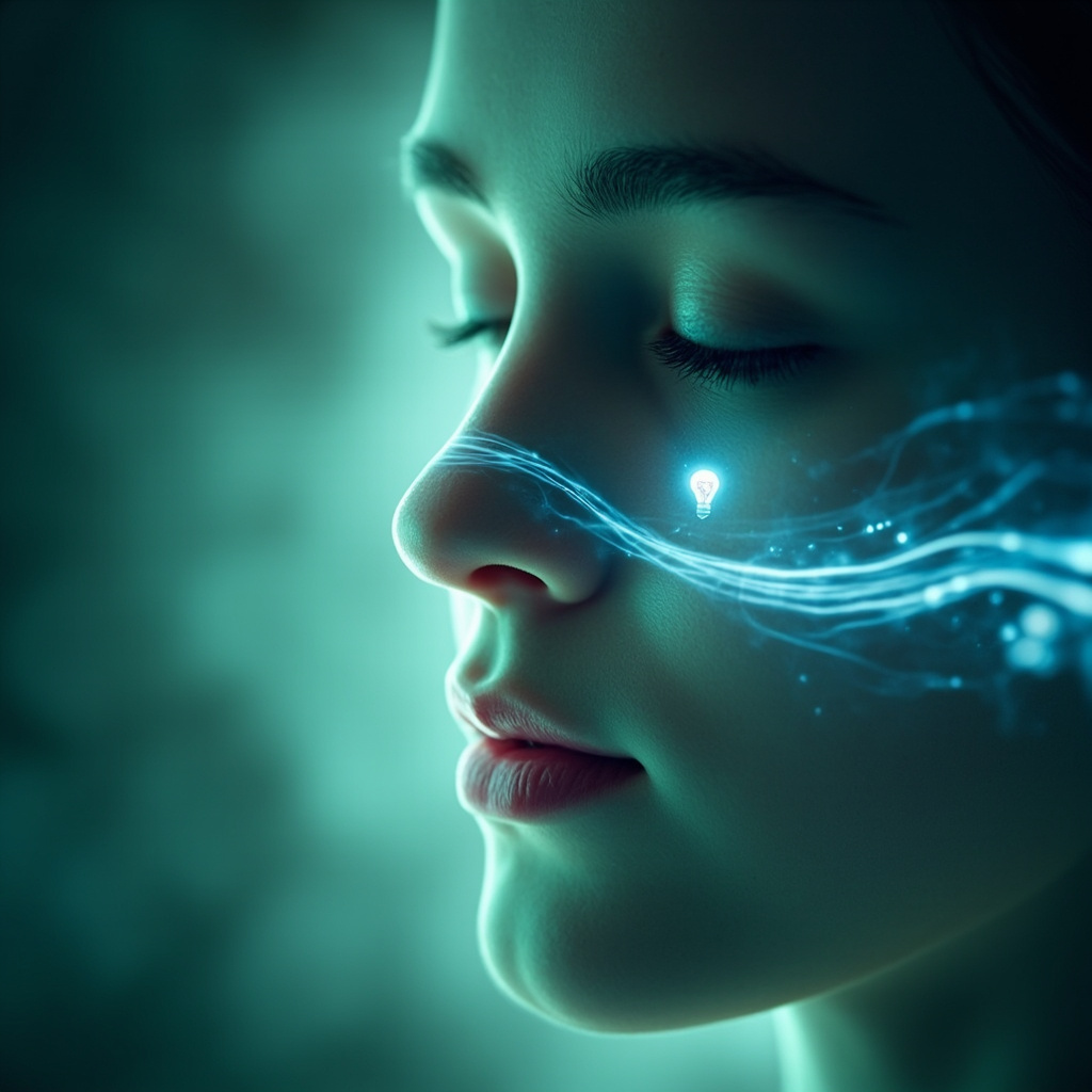 Serene close-up of a human nose with glowing blue energy waves flowing through nasal passages, subtle icons of a shield for boundaries and a lightbulb for recognition, surrounded by soft green healing auras and calm breath visualizations.