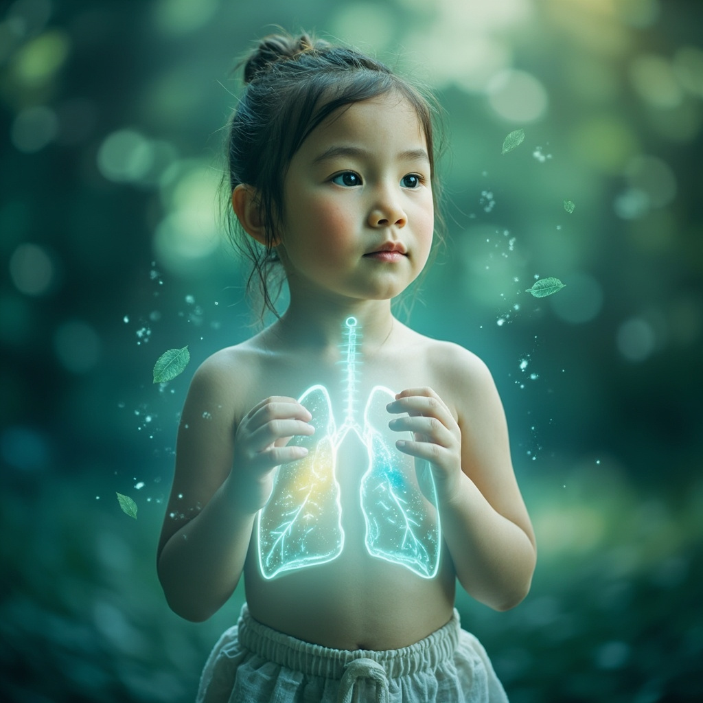 A serene child playing outdoors, breathing deeply with glowing soft energy waves around the lungs and chest, subtle herbal leaves and TCM acupuncture points faintly visible, calming blue-green tones.