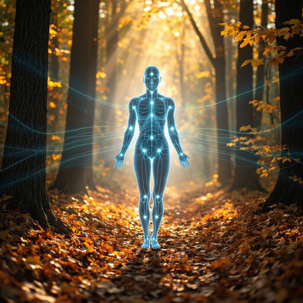 Serene autumn forest path with a healthy person breathing deeply, subtle glowing lines on acupuncture points LI4, LU7, ST36, BL12, HT7 highlighted on body silhouette, soft blue frequencies waves emanating, natural light filtering through leaves.