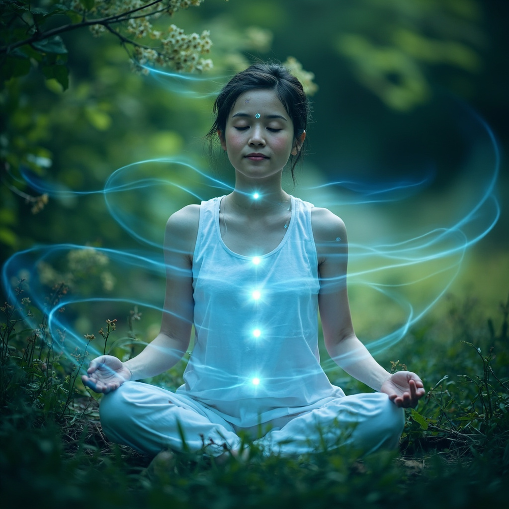 Serene person with glowing acupuncture points on little finger (HT9), jaw (ST6), spine (GV8), lower abdomen (TV2), surrounded by elderberry herbs and pollen-free spring landscape, soft blue energy waves balancing body.