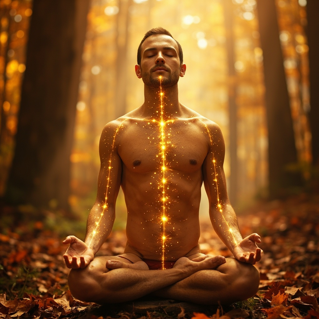 Serene autumn forest scene with a person breathing deeply, glowing golden energy lines tracing acupuncture points LU9 on wrist, LI12 on elbow, SP11 on thigh, GV20 on head top, KI6 on ankle, soft light symbolizing immune balance and vitality.