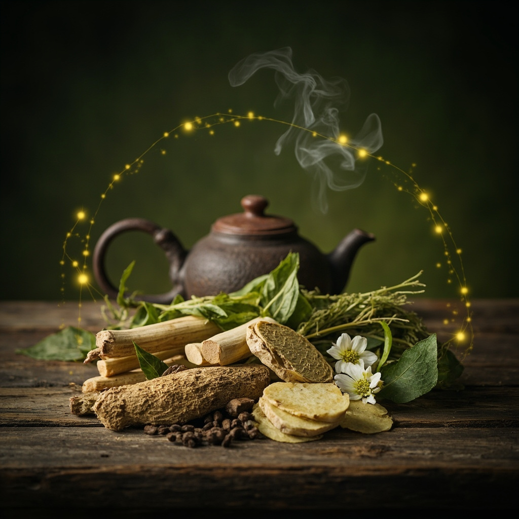 Serene arrangement of astragalus roots, ginger slices, stinging nettle leaves, licorice sticks, and honeysuckle flowers on a wooden surface with soft steam rising from a teapot, glowing with subtle golden energy lines evoking meridians, in calming green and warm earth tones.