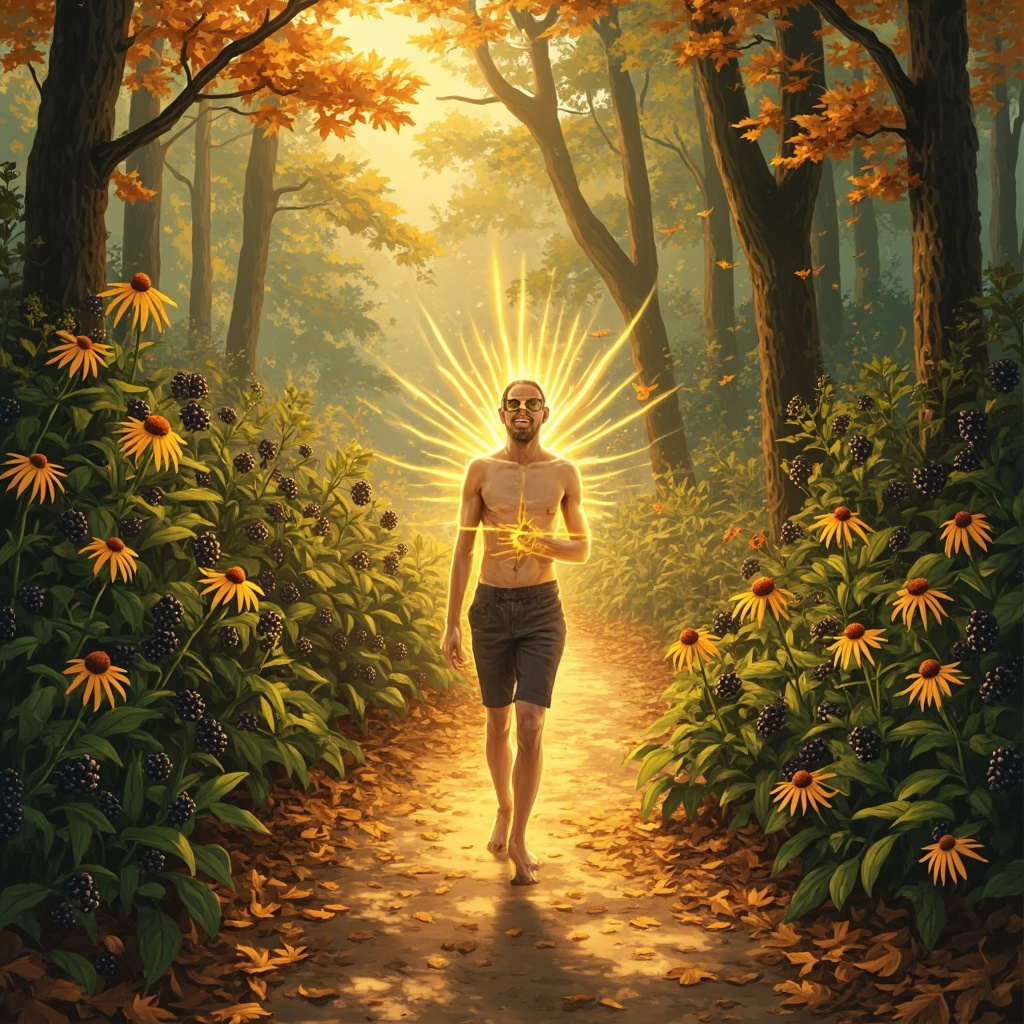 Serene autumn forest path with a vibrant person walking energetically, surrounded by glowing echinacea flowers and elderberry bushes, subtle golden light rays on wrist, gut, chest areas symbolizing energy flow, soft herbal tones, professional health illustration.