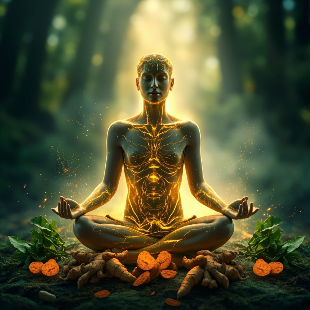 Serene human silhouette with glowing flexible joints in golden light, surrounded by turmeric roots, ginger plants, soft sound wave frequencies, and meditative aura in calming green and blue tones, holistic healing vibe.