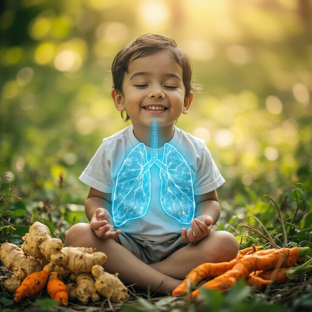 A serene child playing outdoors, breathing freely with lungs glowing softly in blue frequencies, surrounded by ginger roots and TCM herbs like turmeric, in a natural healing style.