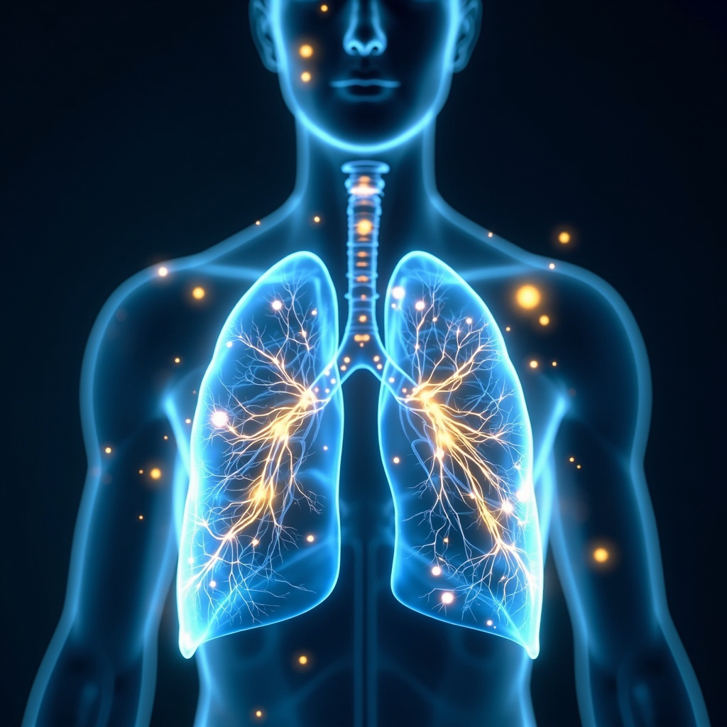 Serene glowing human lungs in blue tones with subtle golden energy waves flowing through, highlighting acupuncture points LU7 on wrist, LI4 on hand, BL13 on upper back; soft breathing figure in background, representing health and vitality.