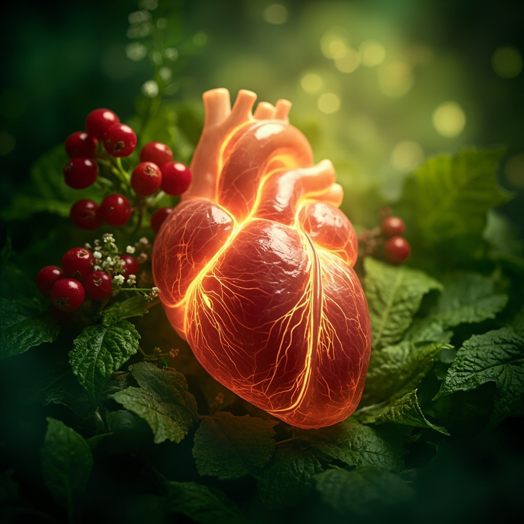 Serene close-up of a glowing human heart highlighting the muscular myocardium layer, surrounded by hawthorn berries, motherwort leaves and flowers, soft green aura symbolizing healing and balance.