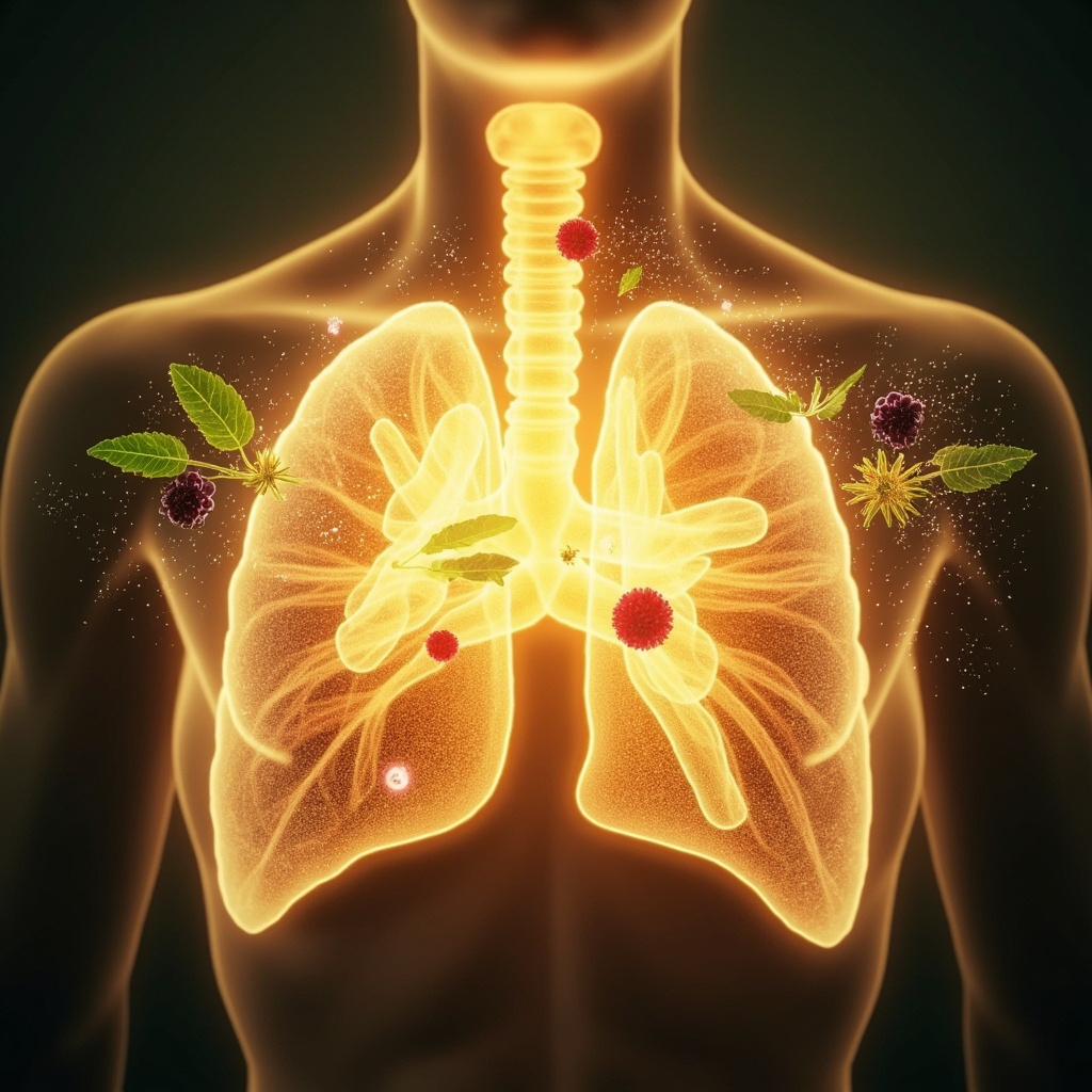 A glowing thymus gland in the upper chest, illustrated with soft golden light emanating from behind the sternum, surrounded by vibrant T-cells fighting pathogens, subtle herbal leaves like echinacea and elderberry, evoking protection, vitality, and emotional balance.