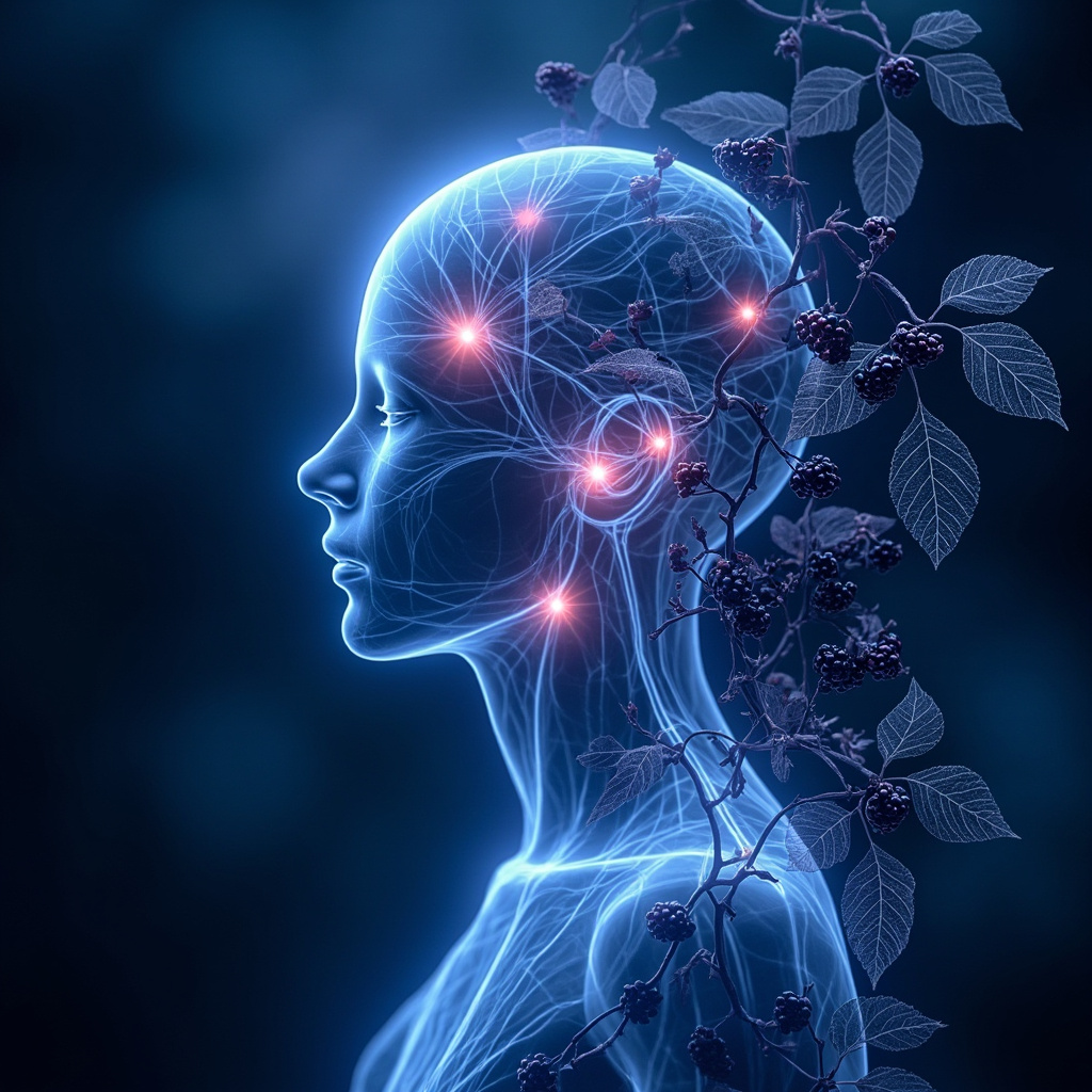 Illustration of glowing acupuncture points SI3, ST35, TV8, CV18, La15 on a human energy meridian map, intertwined with elderberry branches and autumn leaves, in calming blue and purple tones symbolizing immune strength.